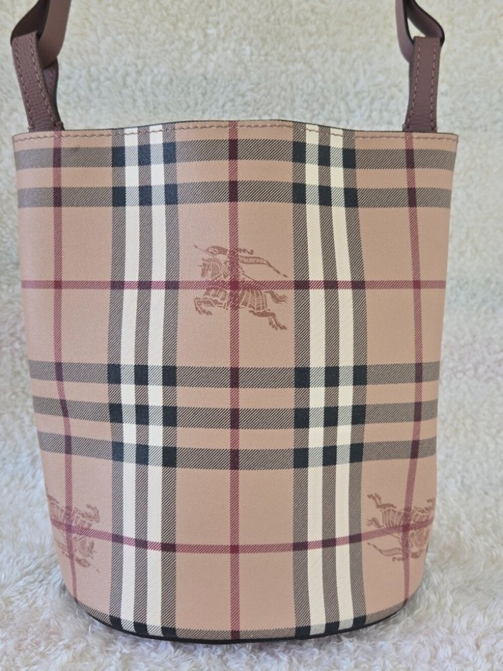 Burberry Haymarket Check Lorne Bucket Crossbody- Light Elderberry